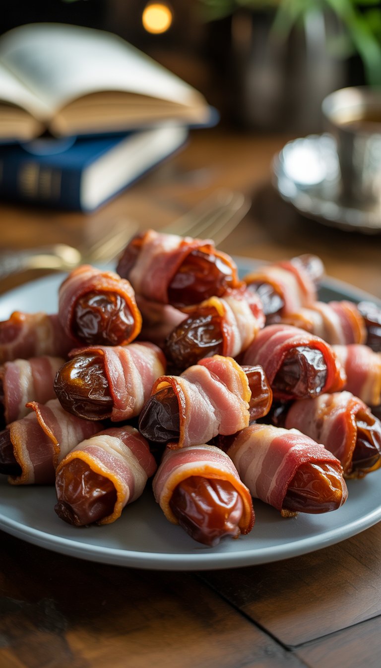 A plate of bacon-wrapped dates arranged as appetizers on a wooden table with books and a cup in the background.