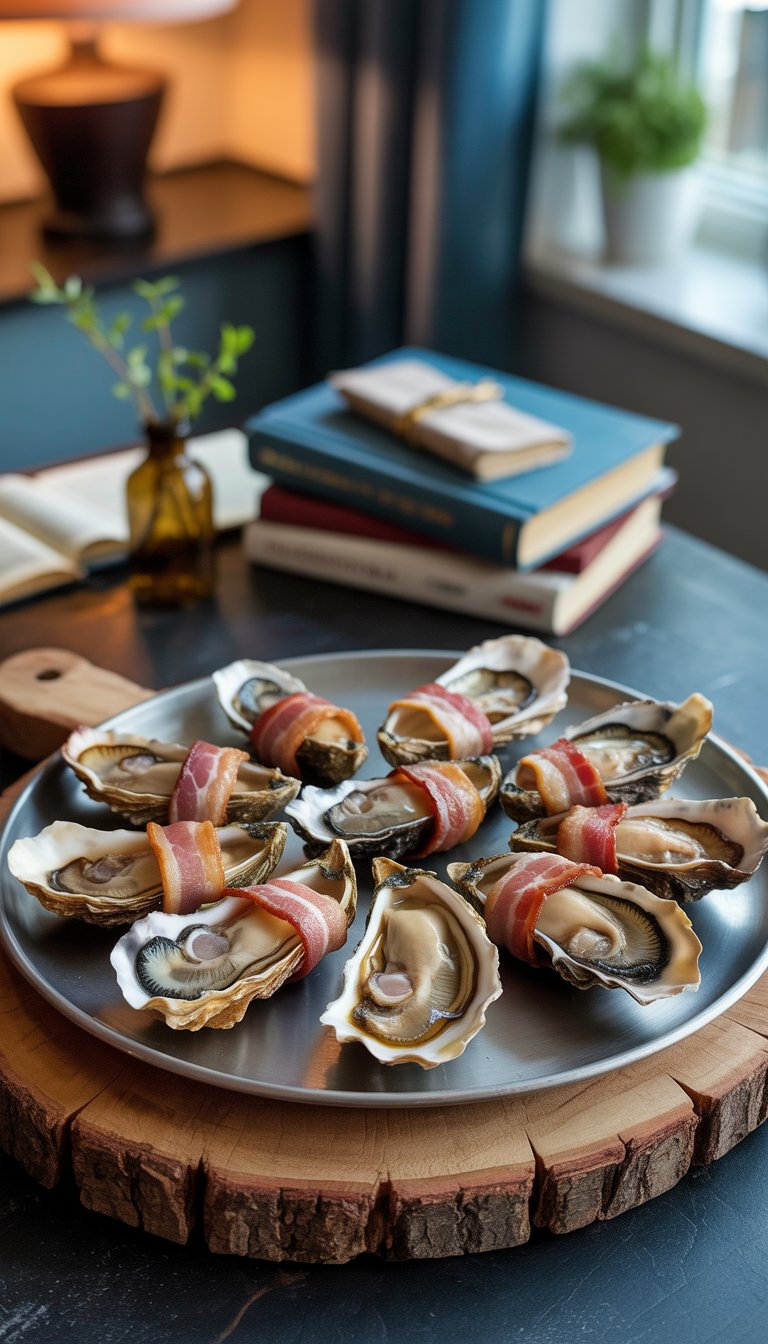 A plate of bacon-wrapped smoked oysters arranged on a wooden board with books and warm lighting in the background.