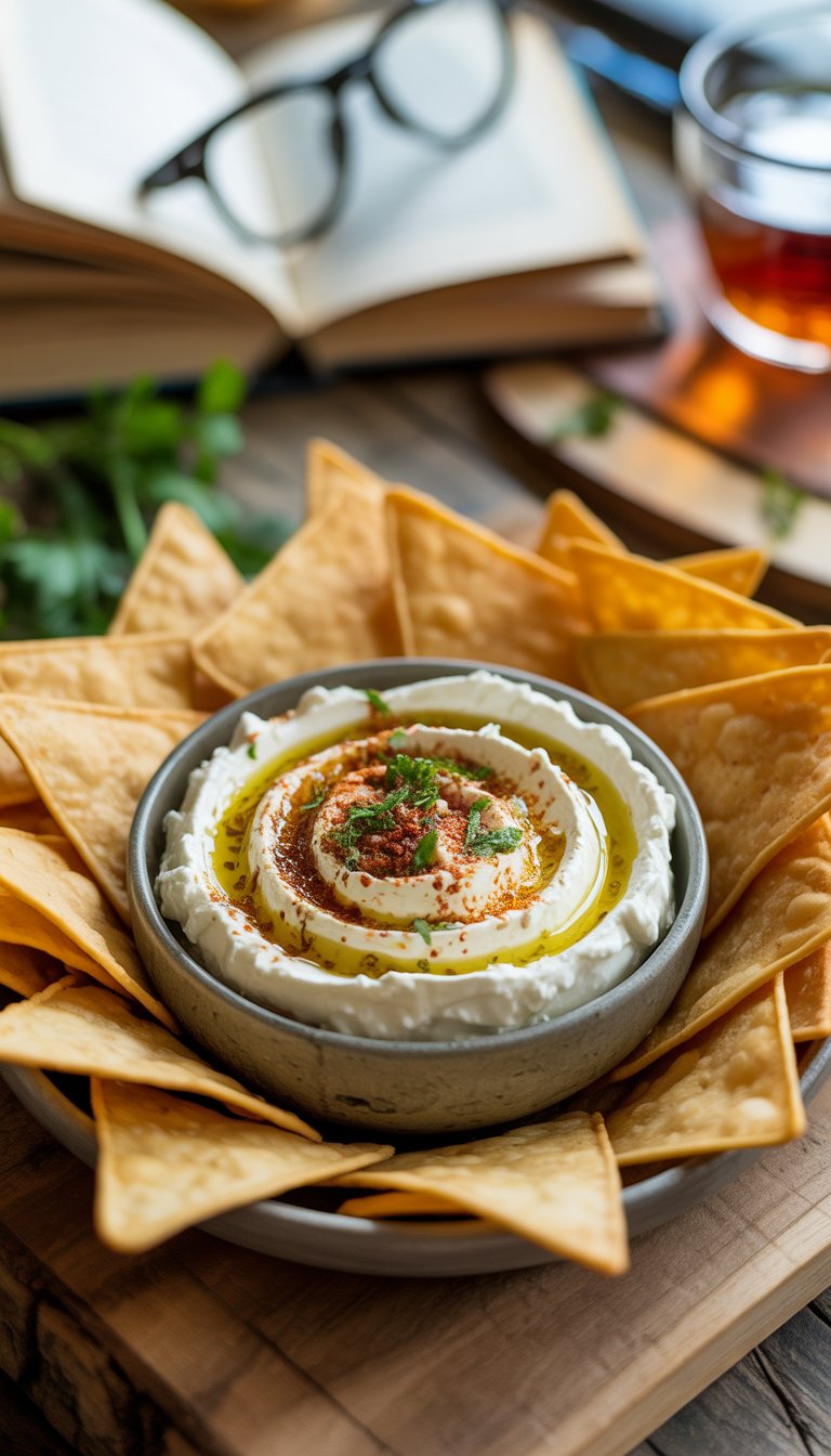 A bowl of whipped feta cheese surrounded by tortilla chips on a wooden table with a book and cup in the background.