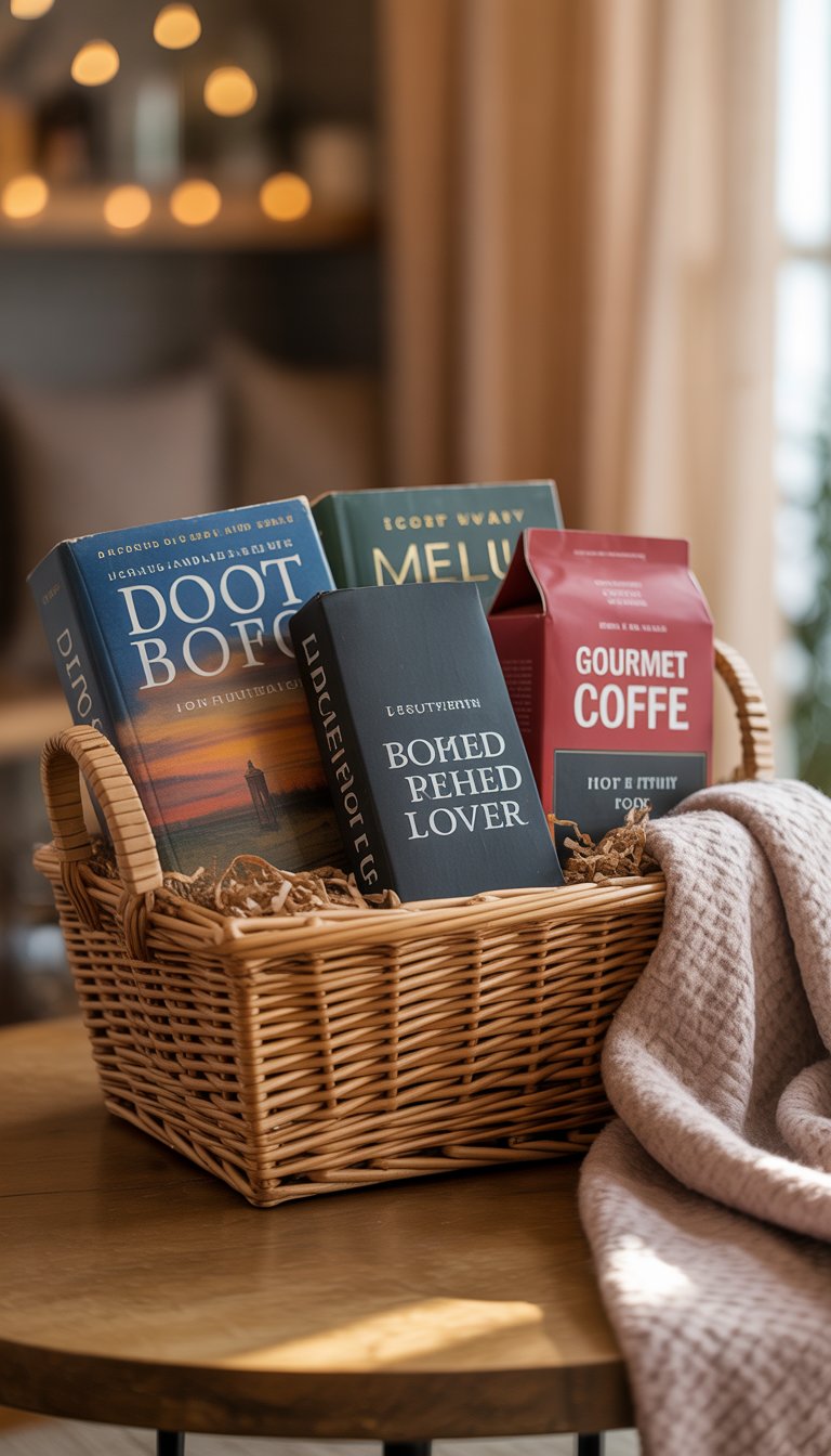 A gift basket with bestselling novels, gourmet coffee, and a cozy throw blanket on a wooden table.