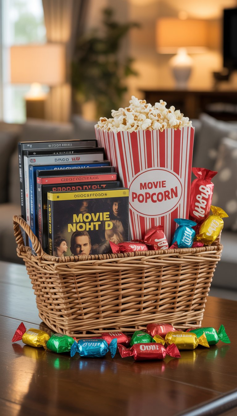 A gift basket containing classic DVDs, microwave popcorn, and assorted candy on a wooden table.