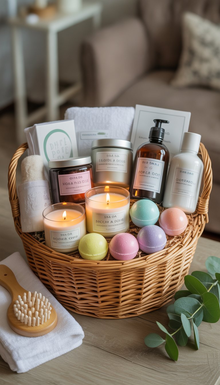 A spa day gift basket with scented candles, bath bombs, lotions, a towel, and eucalyptus leaves arranged on a wooden surface.