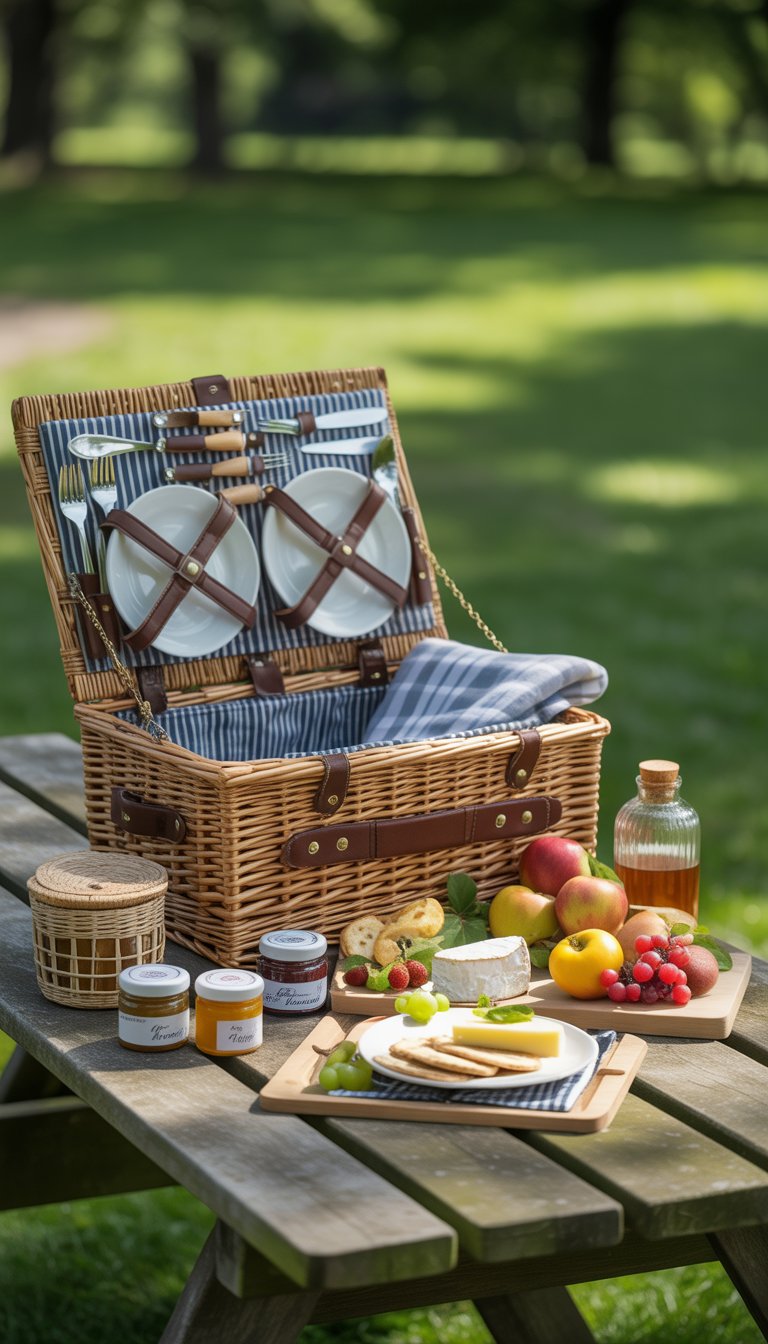 A picnic basket on a wooden table with a blanket, utensils, plates, and various gourmet snacks outdoors.