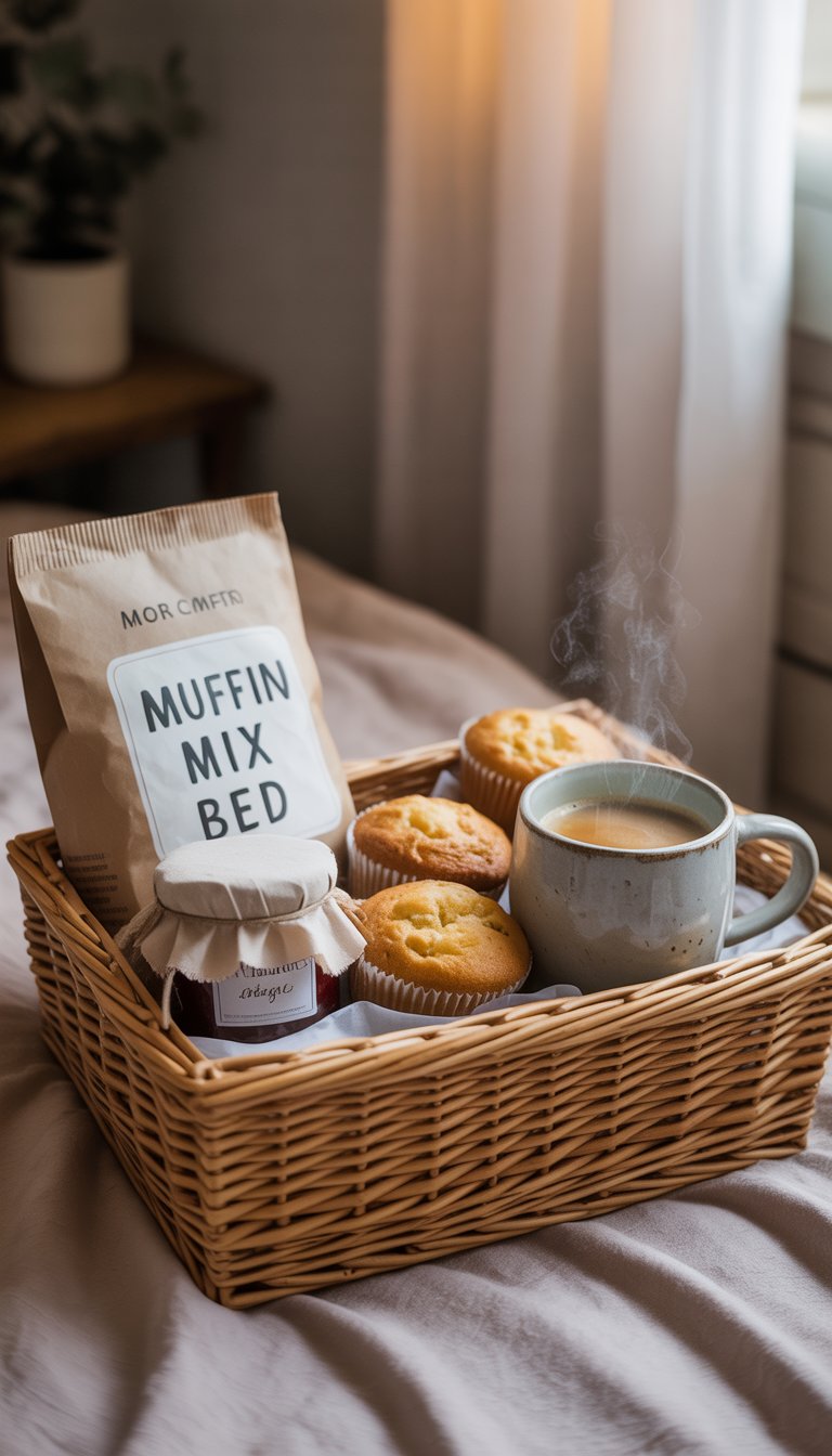 A breakfast basket on a bed with muffin mix, jam jar, a cute mug of coffee, and fresh muffins.