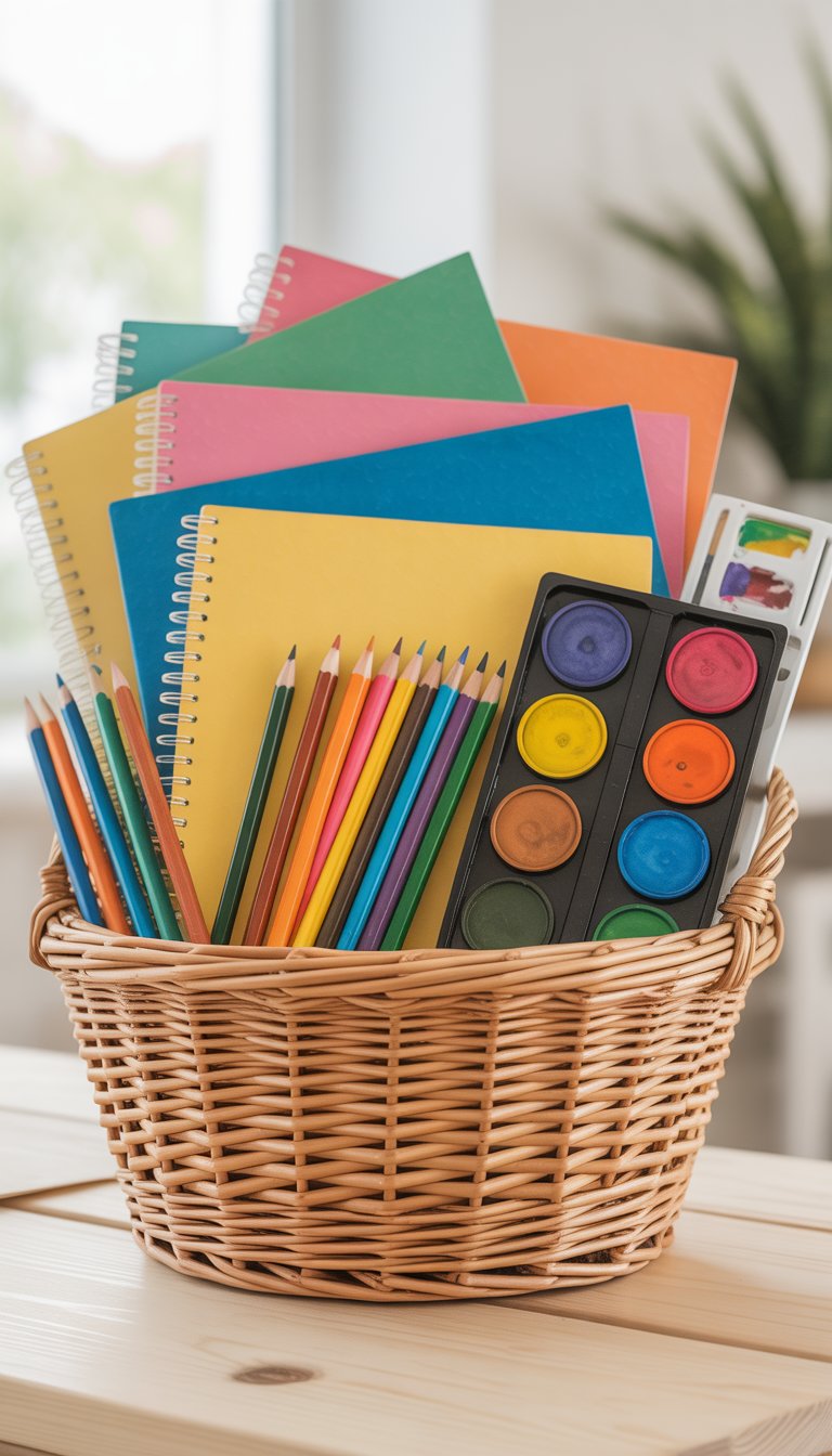 A basket filled with sketchpads, colored pencils, and watercolor paint sets on a wooden surface.