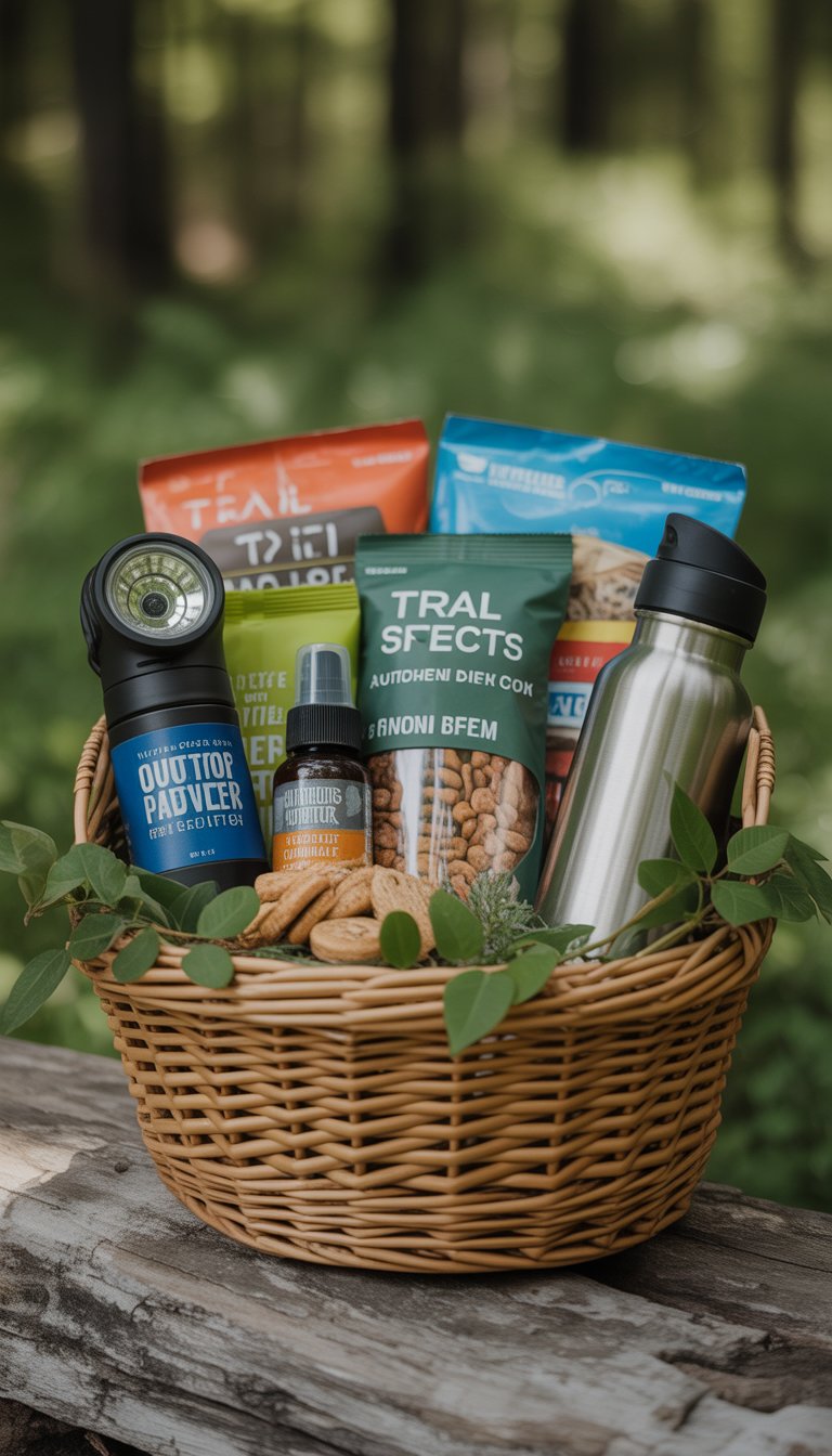 A basket filled with a flashlight, bug spray, trail snacks, and a reusable water bottle set outdoors on a wooden surface with green foliage in the background.