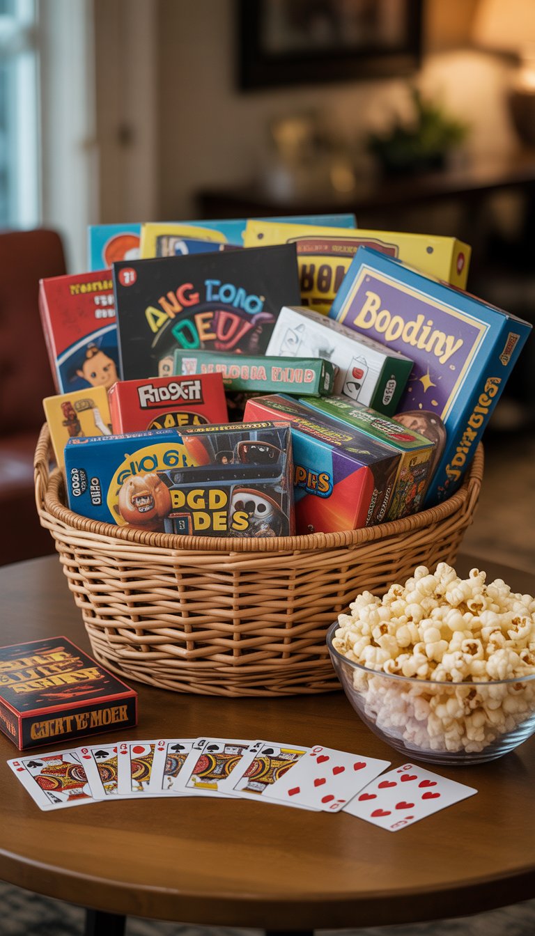 A woven basket filled with board games, playing cards, and a bowl of popcorn on a wooden table.