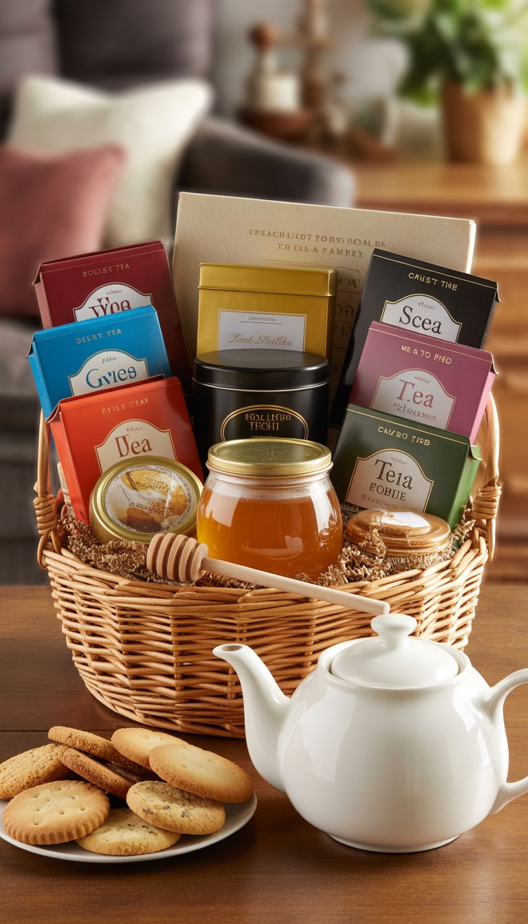 A basket filled with assorted teas, a jar of honey, a white teapot, and a plate of biscuits on a wooden table.