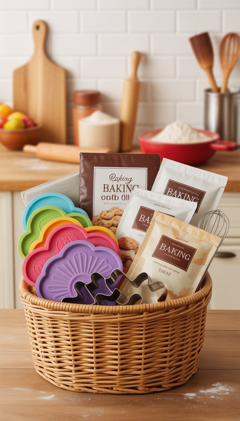 A gift basket filled with silicone baking molds, cookie cutters, and baking mix packages on a wooden surface with kitchen tools in the background.