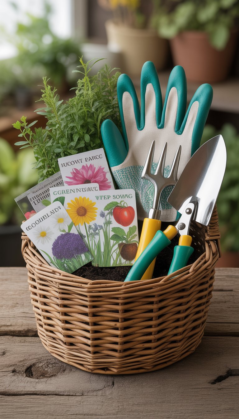 A basket filled with gardening gloves, seed packets, and small gardening tools on a wooden surface.