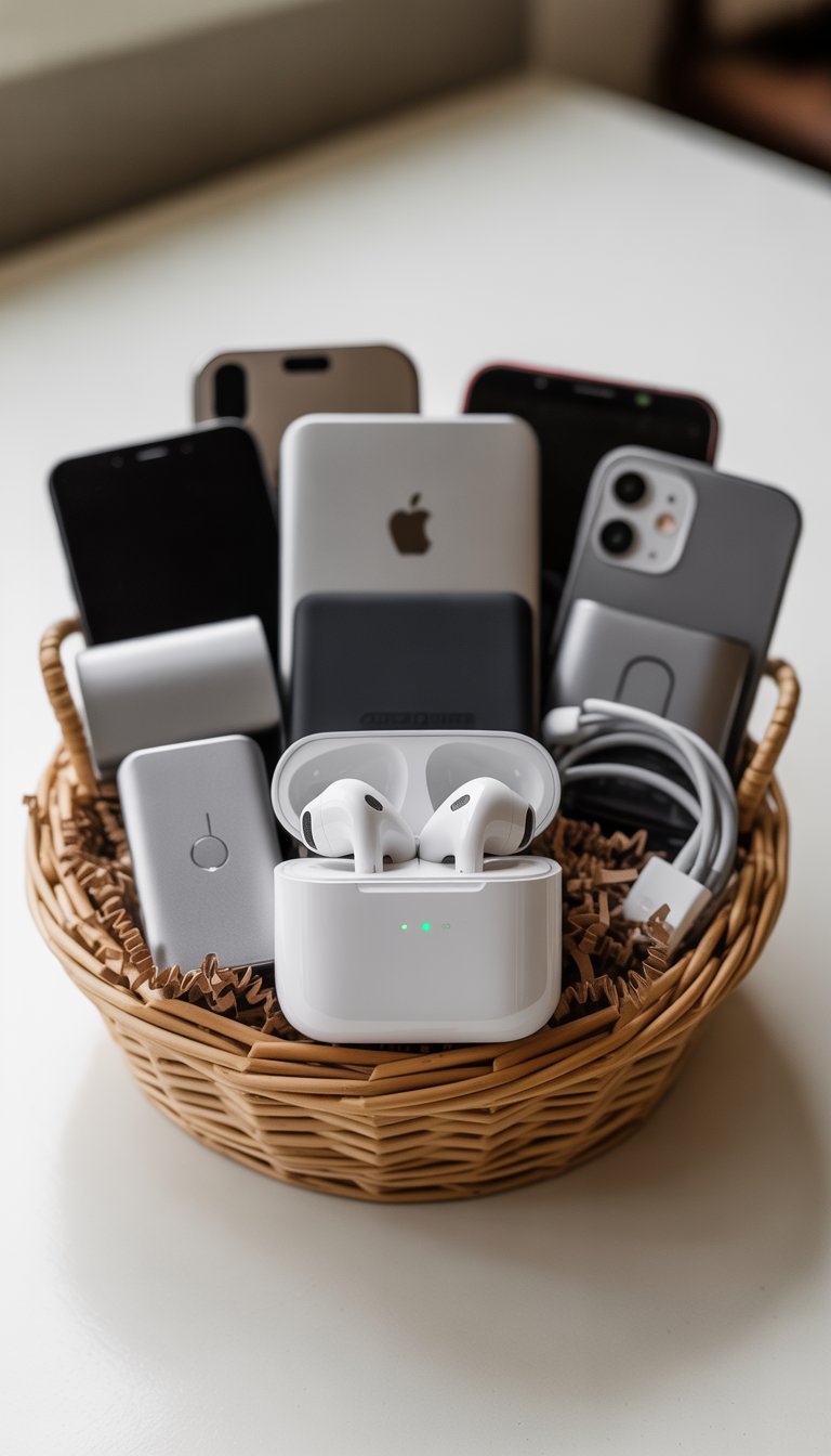 A gift basket filled with wireless earbuds, a portable charger, and phone accessories on a white surface.