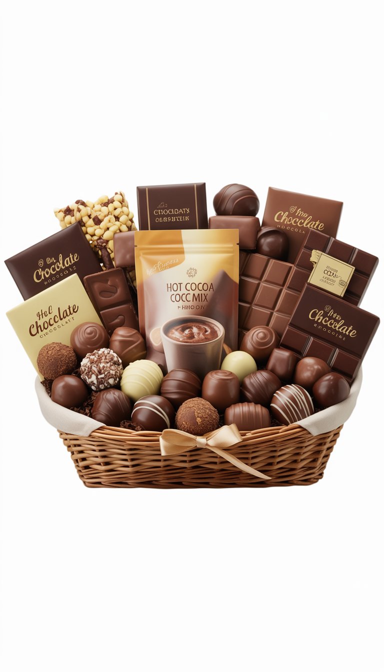 A gift basket filled with assorted artisan chocolates and a package of hot cocoa mix.