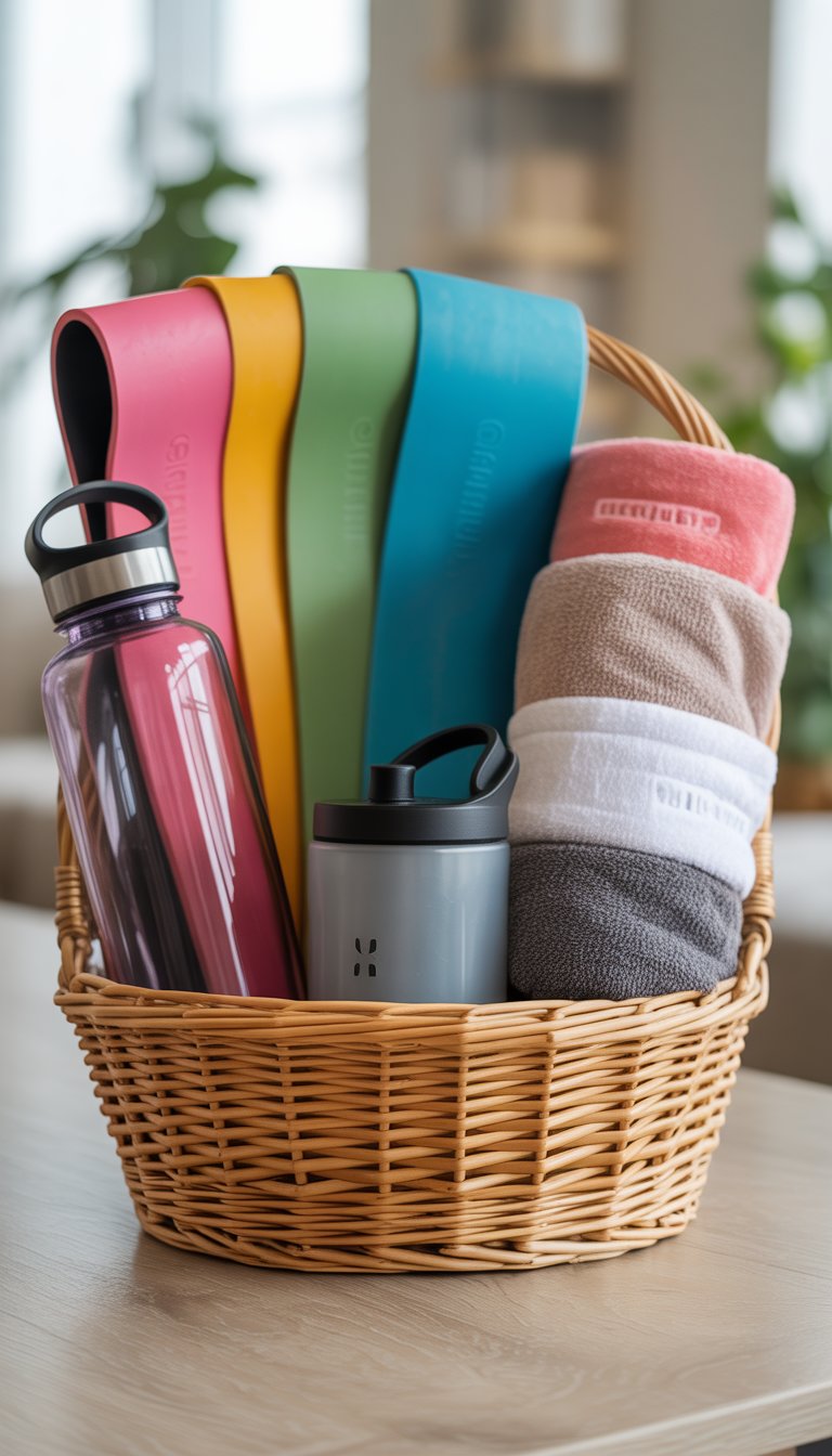 A gift basket containing resistance bands, a water bottle, and workout towels arranged on a wooden surface.