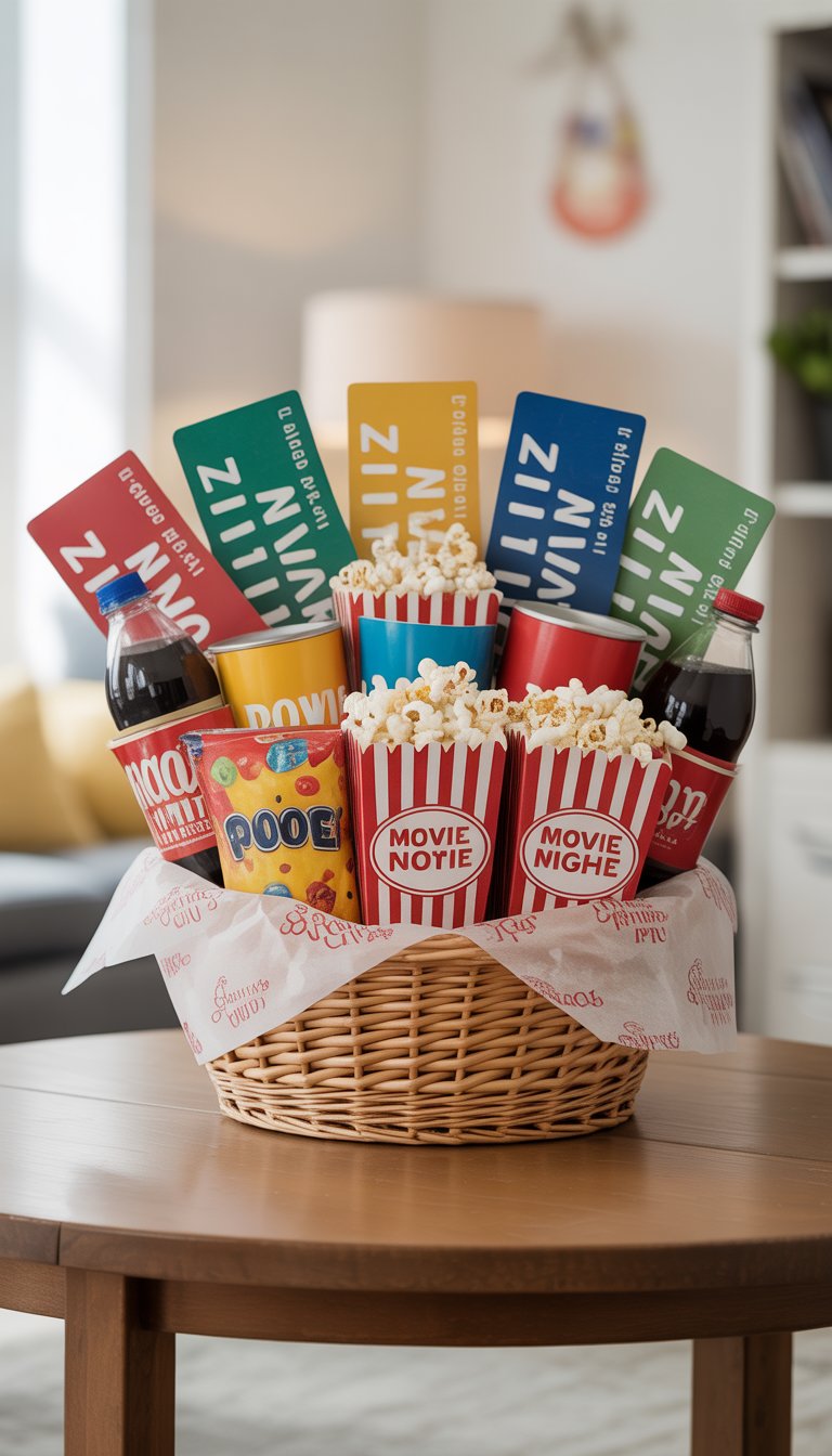 A gift basket filled with movie passes and assorted movie snacks like popcorn, candy, and soda bottles on a wooden table.