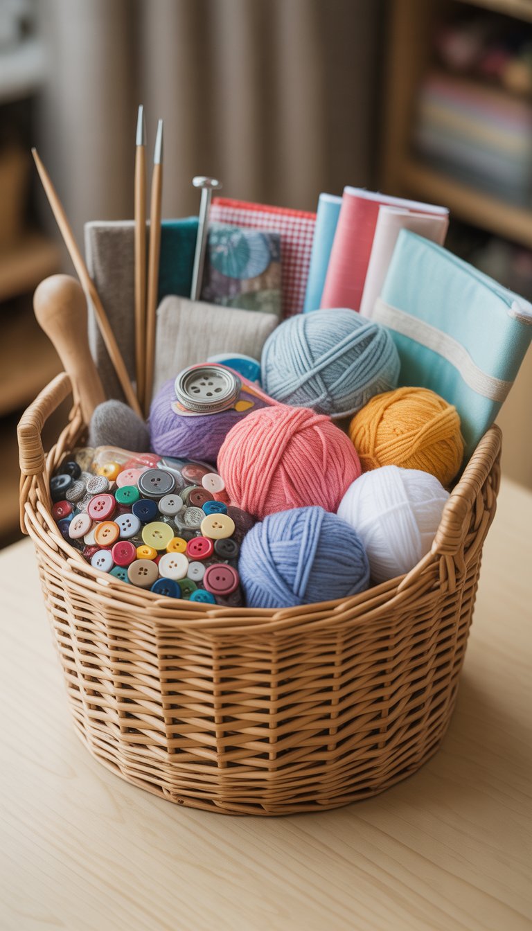 A basket filled with colorful yarn, knitting needles, fabric patterns, and buttons on a wooden surface.