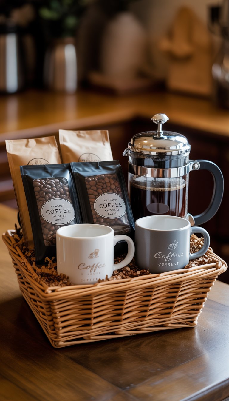 A gift basket containing gourmet coffee beans, a French press, and two coffee mugs arranged on a wooden table.