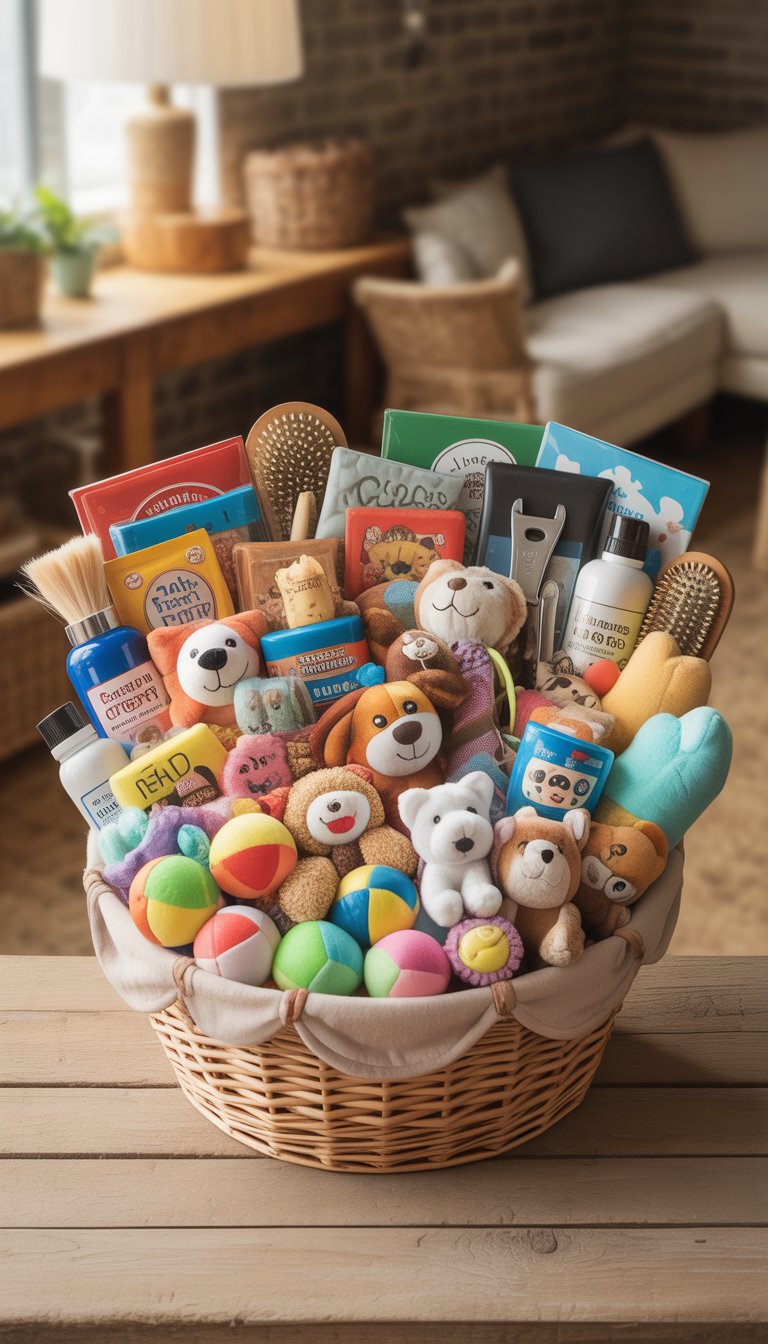 A gift basket filled with pet toys, treats, and grooming supplies on a wooden surface.
