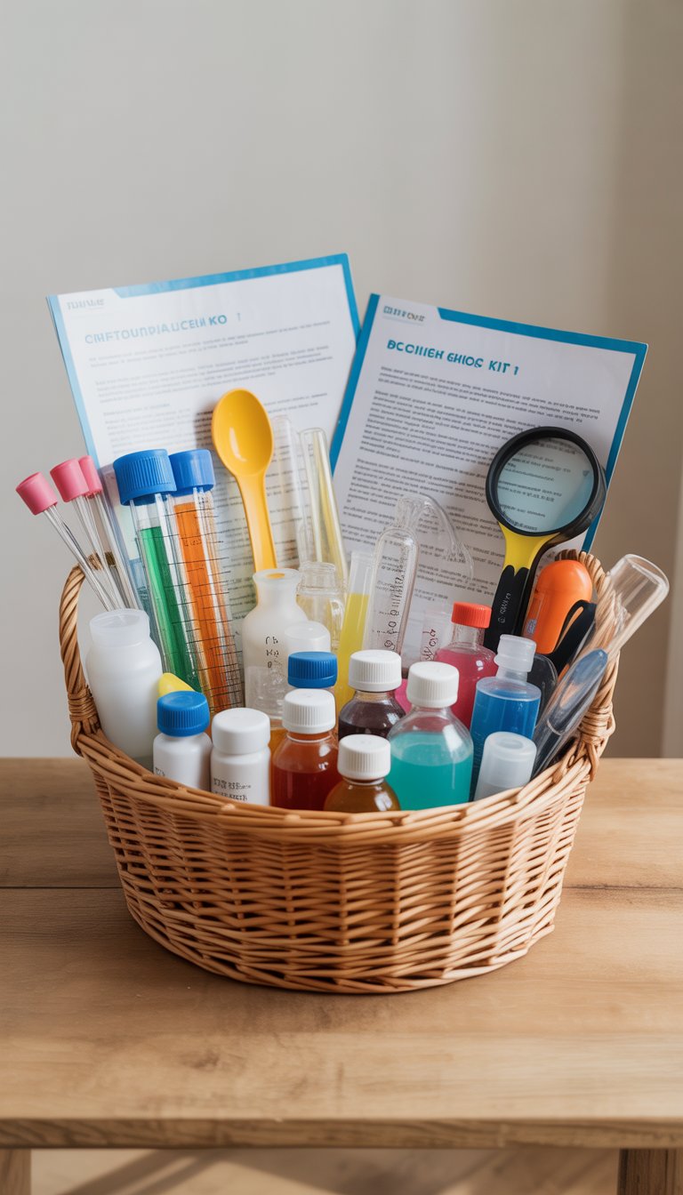 A woven basket filled with colorful science experiment supplies and instruction booklets on a wooden table.