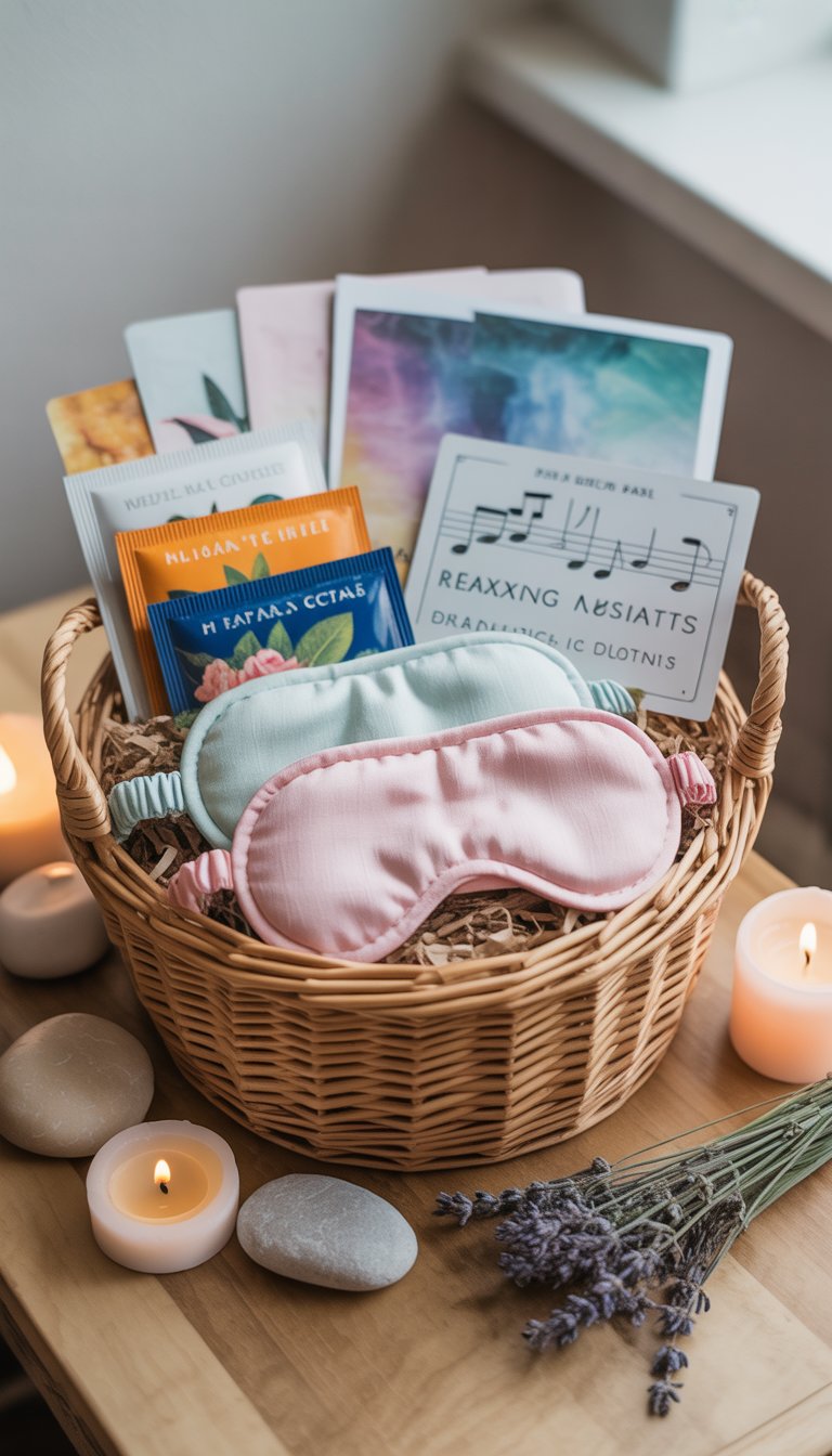 A woven basket containing pastel eye masks, herbal tea packets, and cards representing a relaxing music playlist, surrounded by candles, stones, and lavender on a wooden surface.