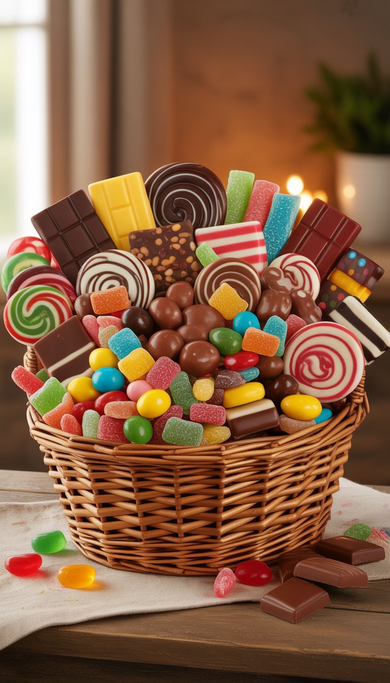 A basket filled with assorted chocolates, gummies, and licorice arranged for a school auction gift.