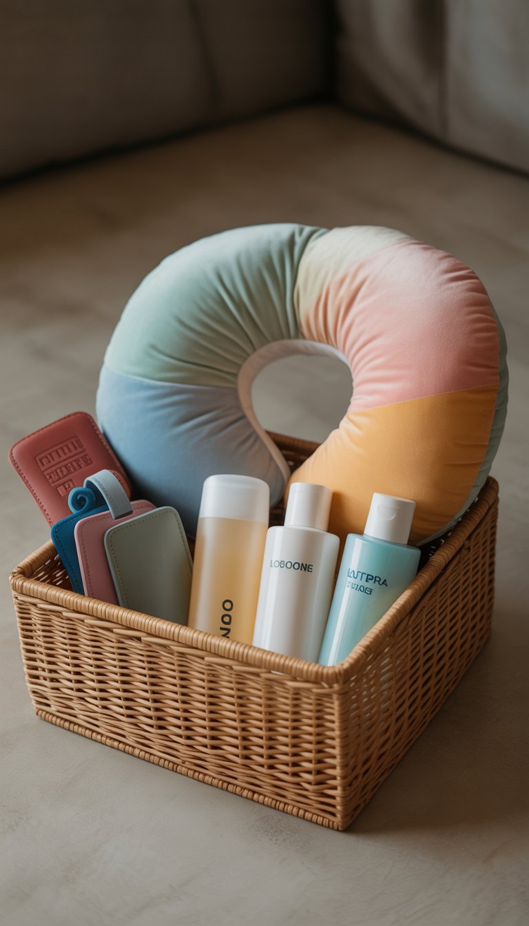 A basket filled with a neck pillow, travel-sized toiletries, and luggage tags arranged on a neutral surface.