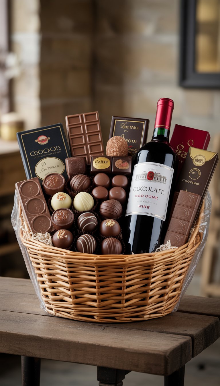 A gift basket containing assorted chocolates and a bottle of red wine on a wooden table.