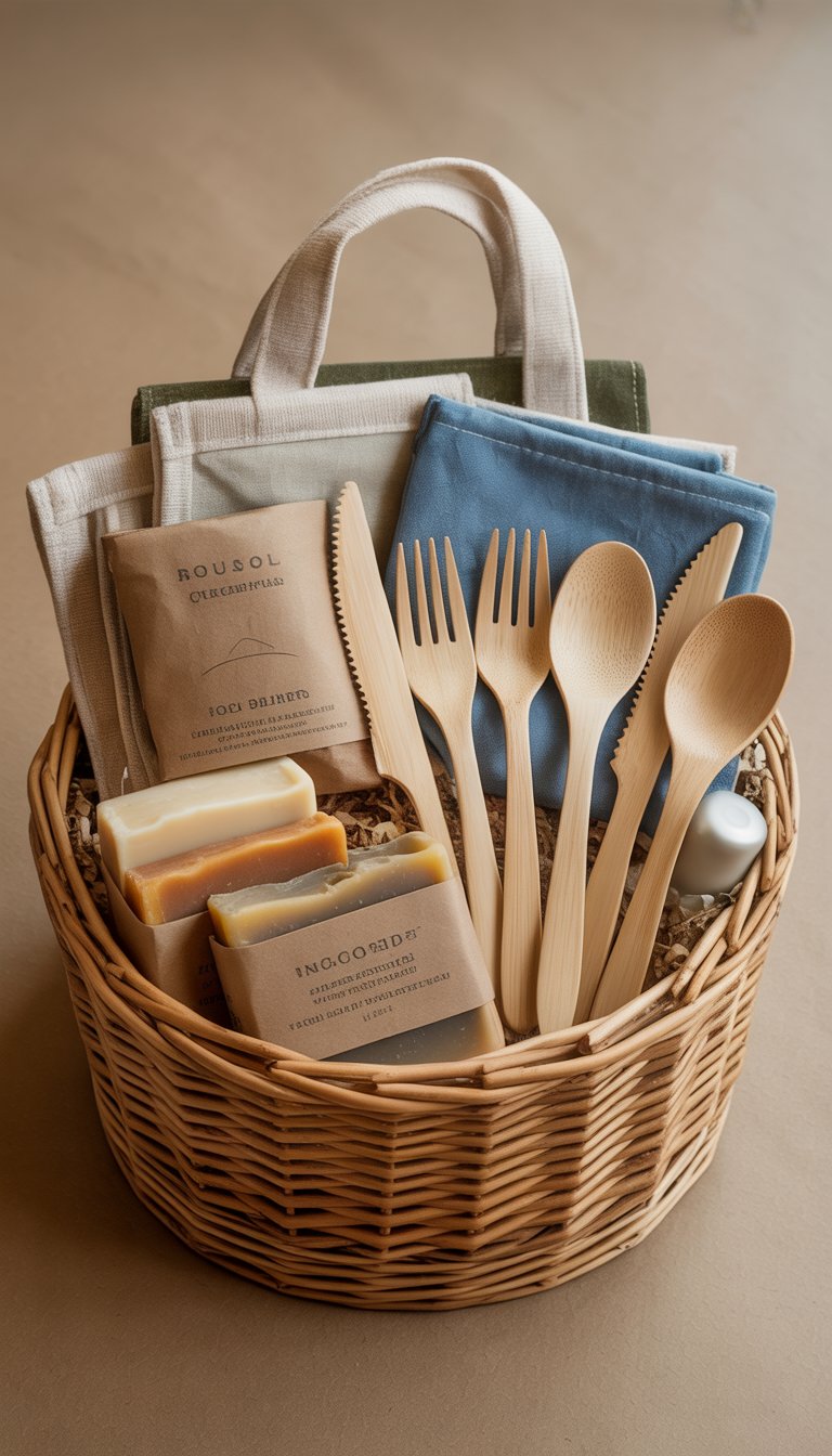 A woven basket filled with reusable cloth bags, bamboo utensils, and natural soaps arranged together.
