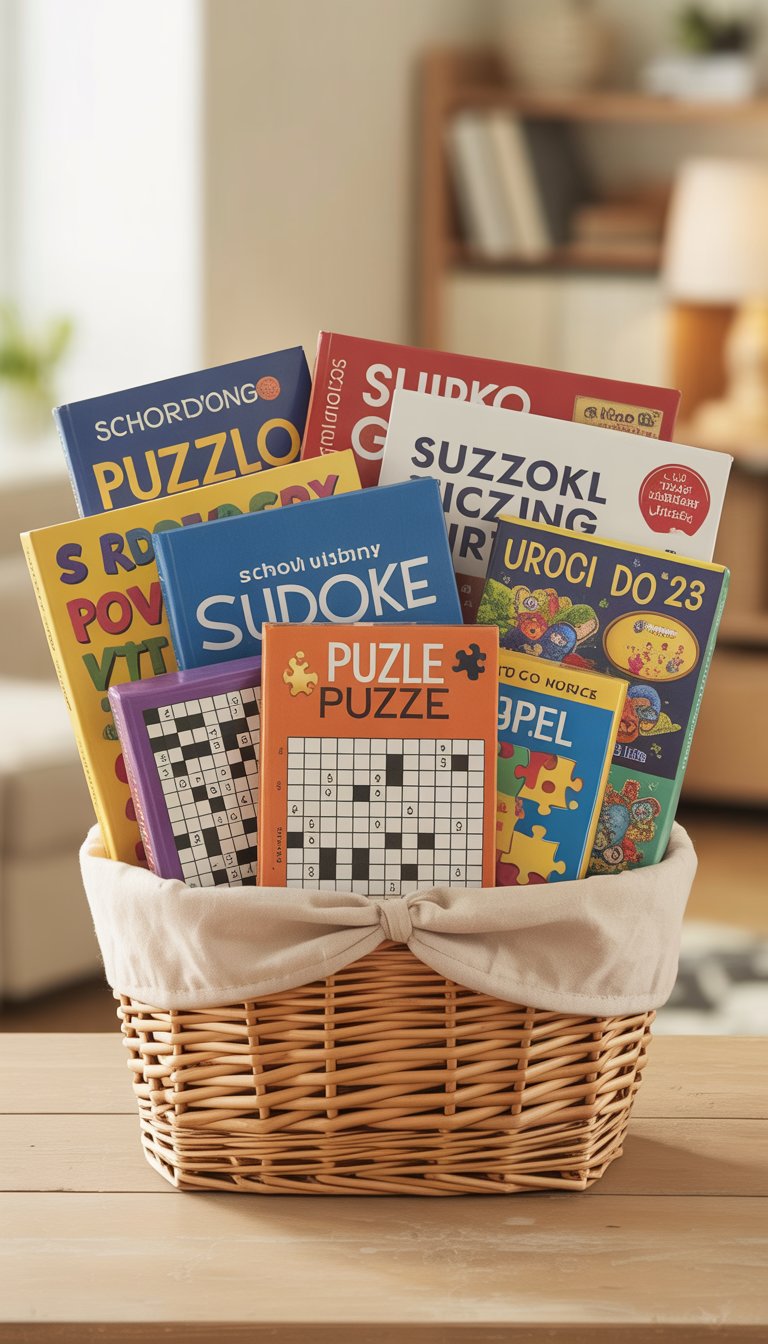 A basket filled with crossword and Sudoku books and colorful jigsaw puzzle boxes arranged on a wooden surface.