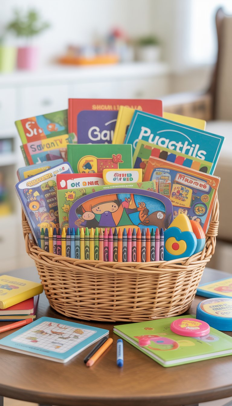 A basket filled with coloring books, crayons, and educational games on a wooden table.