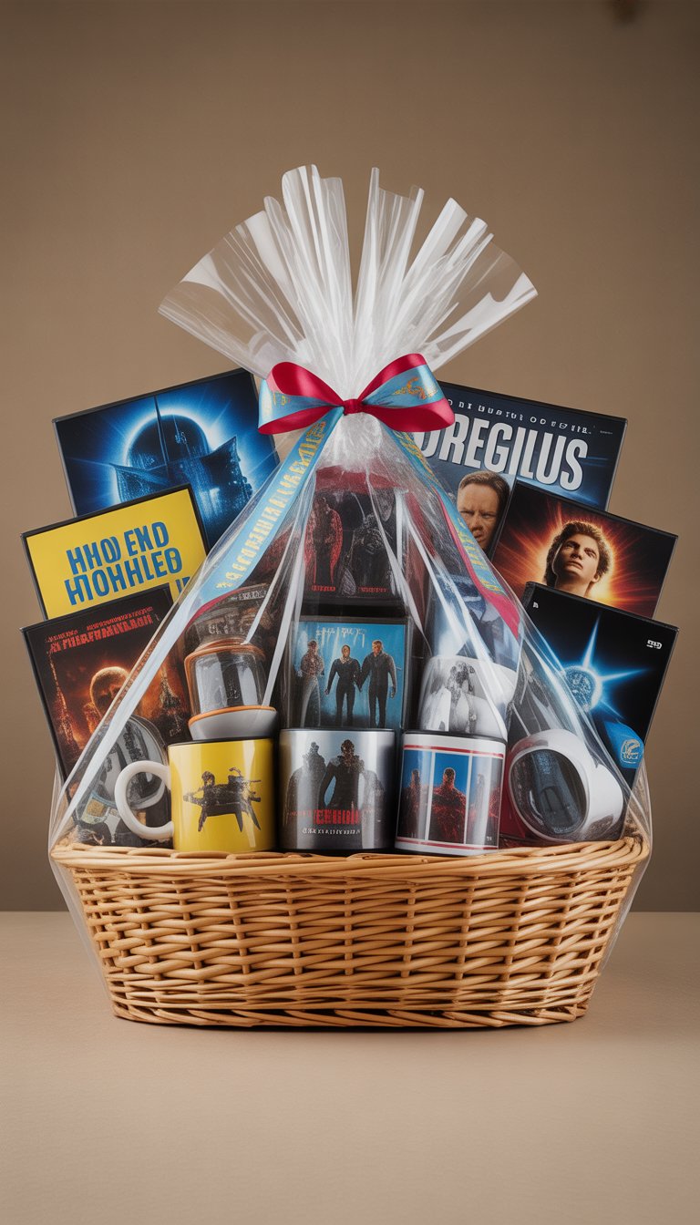 A gift basket filled with movie memorabilia including figurines, mugs, DVDs, and posters, wrapped in clear cellophane with a ribbon.