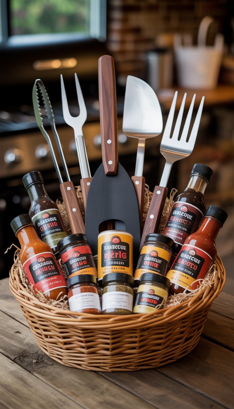 A gift basket filled with barbecue tools, bottles of sauce, and jars of spices arranged on a wooden surface.