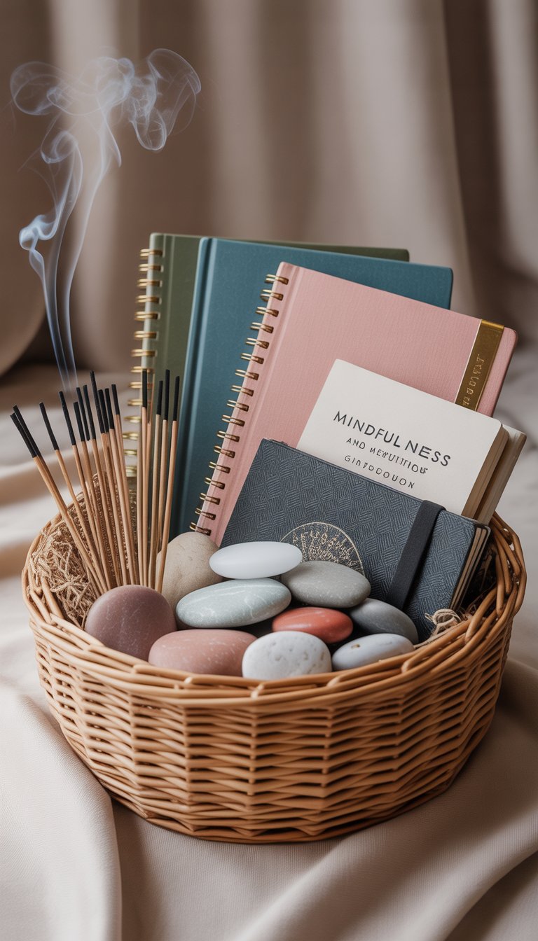 A gift basket filled with journals, incense sticks, and calming stones arranged on a soft background.