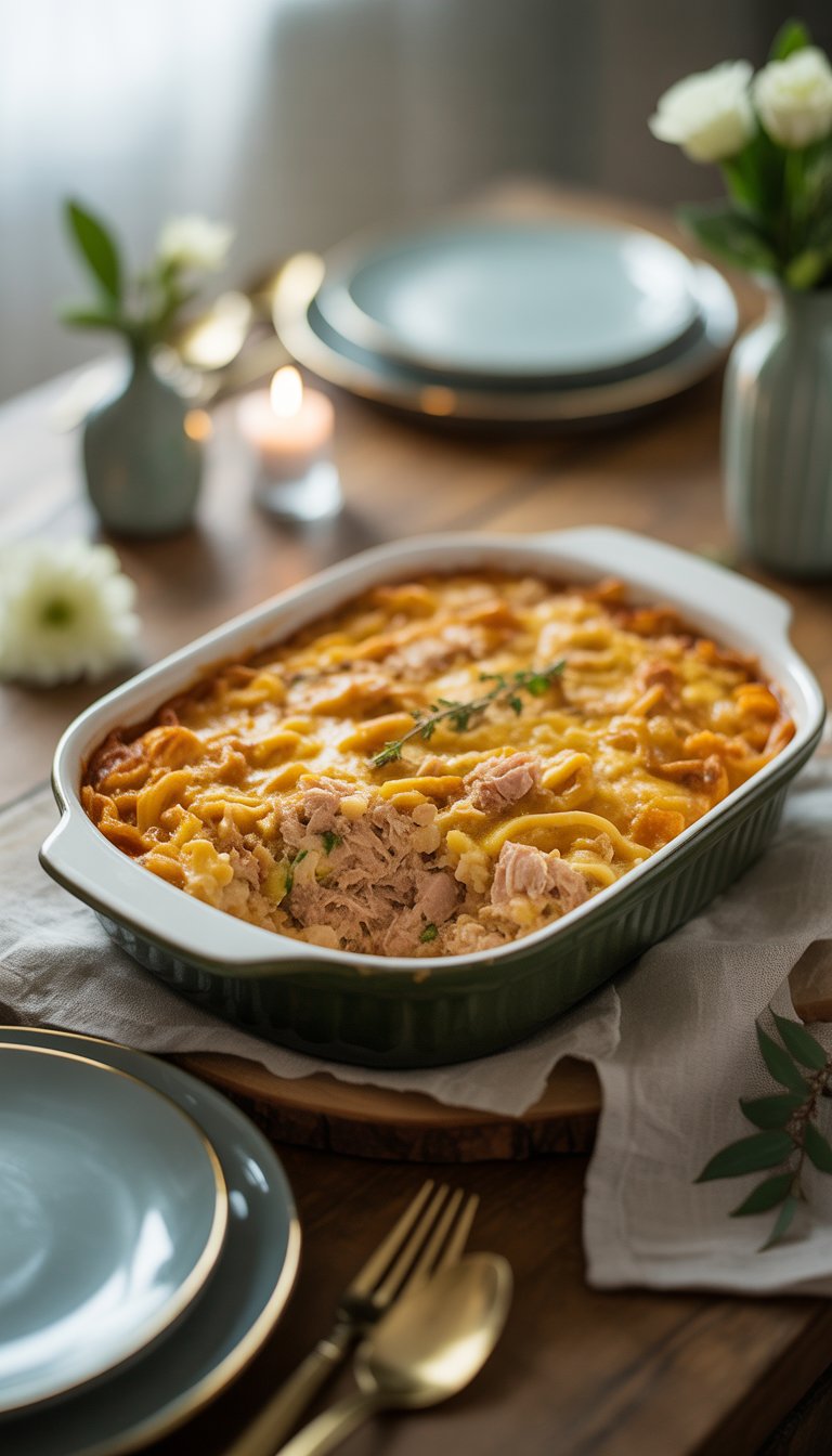 A tuna casserole dish on a wooden table with plates, cutlery, and a small vase of white flowers in a calm setting.
