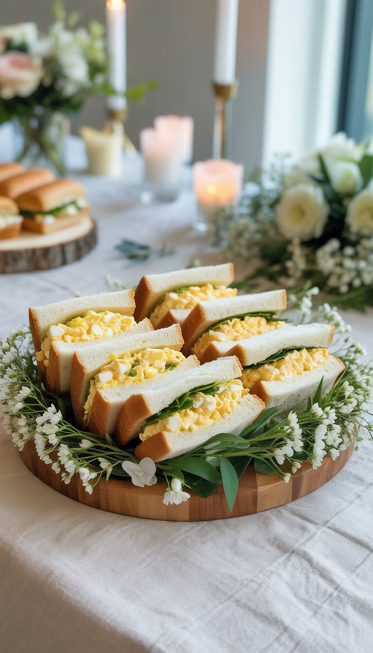 A platter of egg salad sandwiches arranged with white flowers and greenery on a table set for a memorial service.