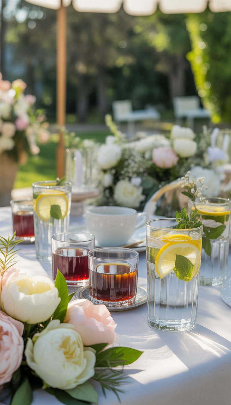 A memorial service table set outdoors with glasses of coffee and lemonade, decorated with white linens and pastel flowers in a peaceful garden setting.