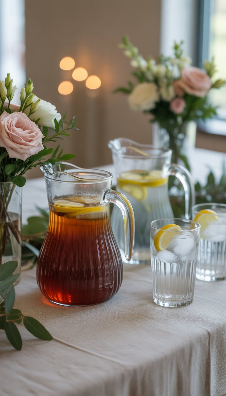 A refreshment table with pitchers of iced tea and water, glasses with ice and lemon, and floral decorations for a memorial service.