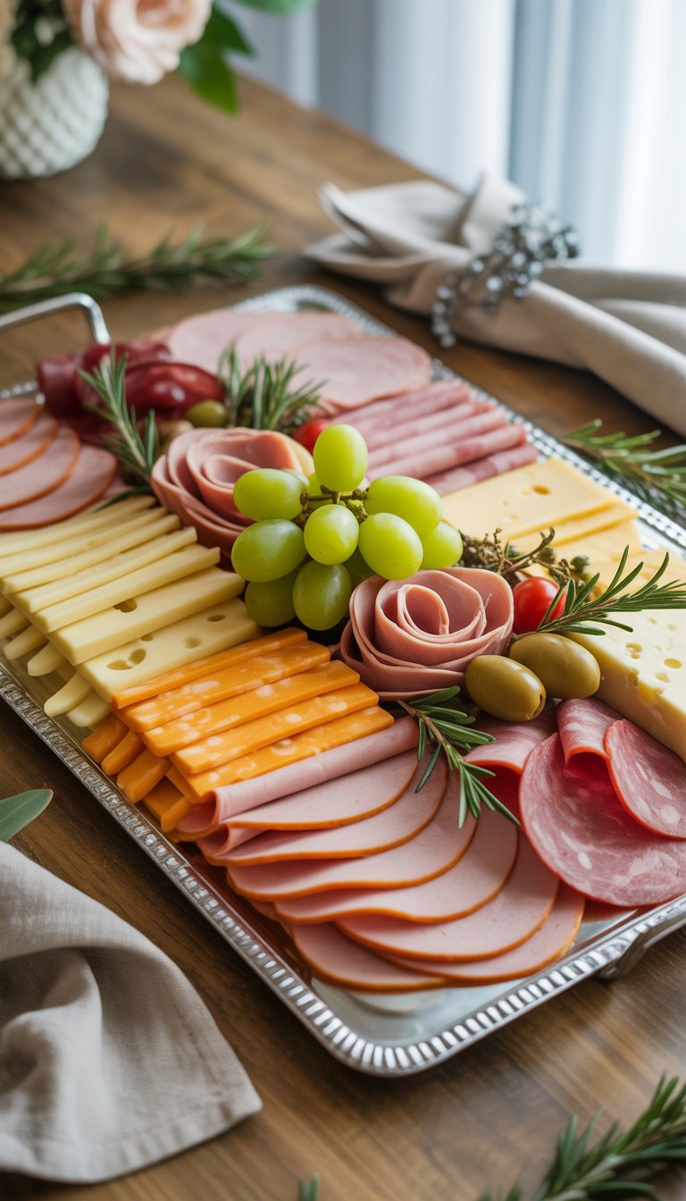 A beautifully arranged tray of deli meats, cheeses, grapes, and olives on a wooden table set for a memorial service.
