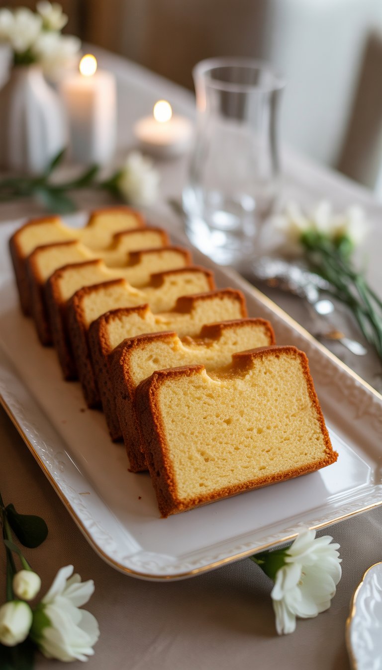 Slices of golden pound cake arranged on a white platter with white flowers and a softly lit background.