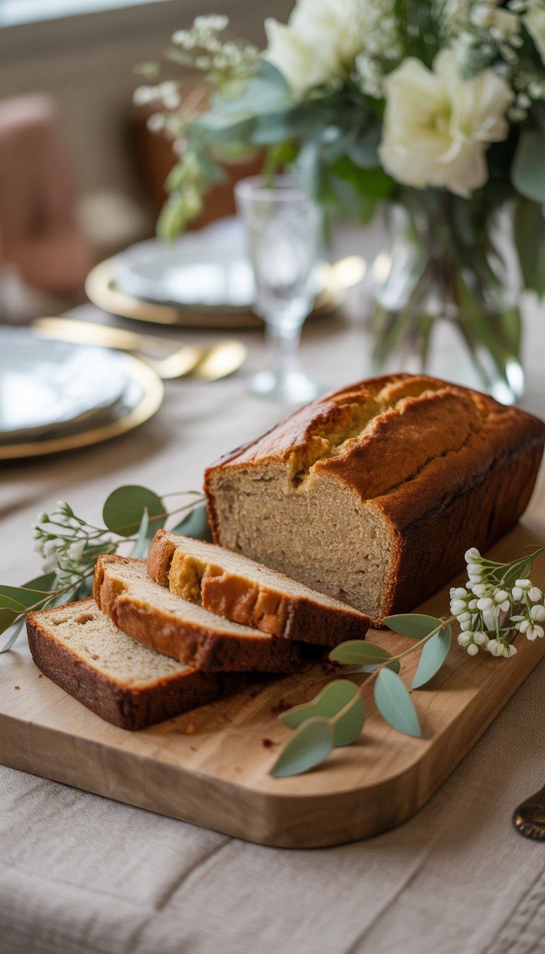 A table set with sliced banana bread on a wooden board, surrounded by white flowers and greenery, with plates and glassware in the background.