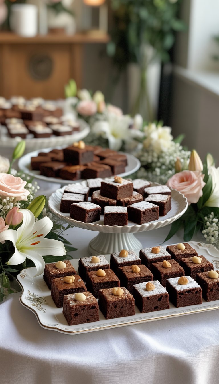 A table with neatly arranged brownies on white platters surrounded by pastel flowers and greenery at a memorial service.