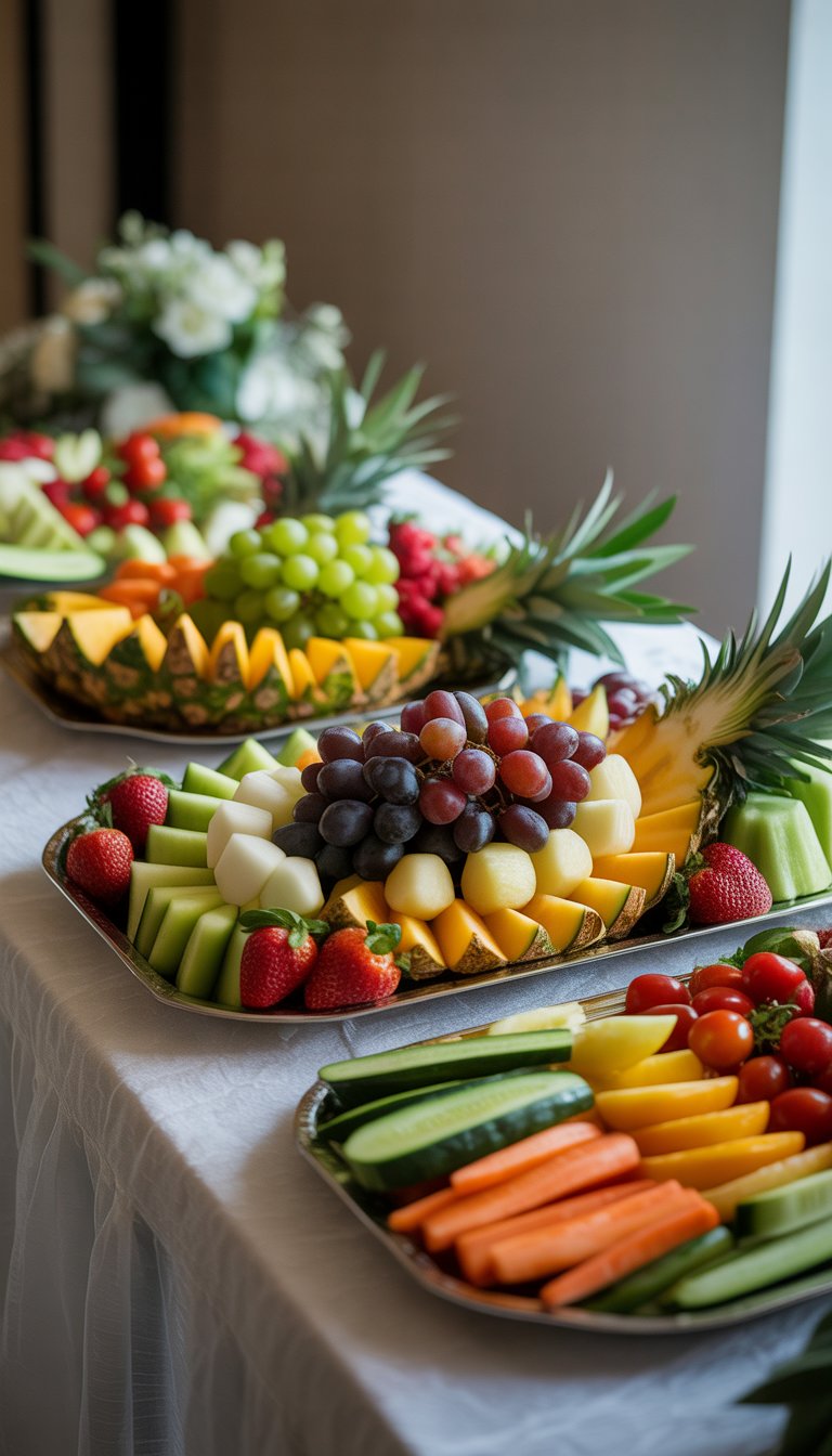 A table with beautifully arranged fruit and vegetable platters featuring grapes, strawberries, pineapple, cucumbers, carrots, and bell peppers for a memorial service.