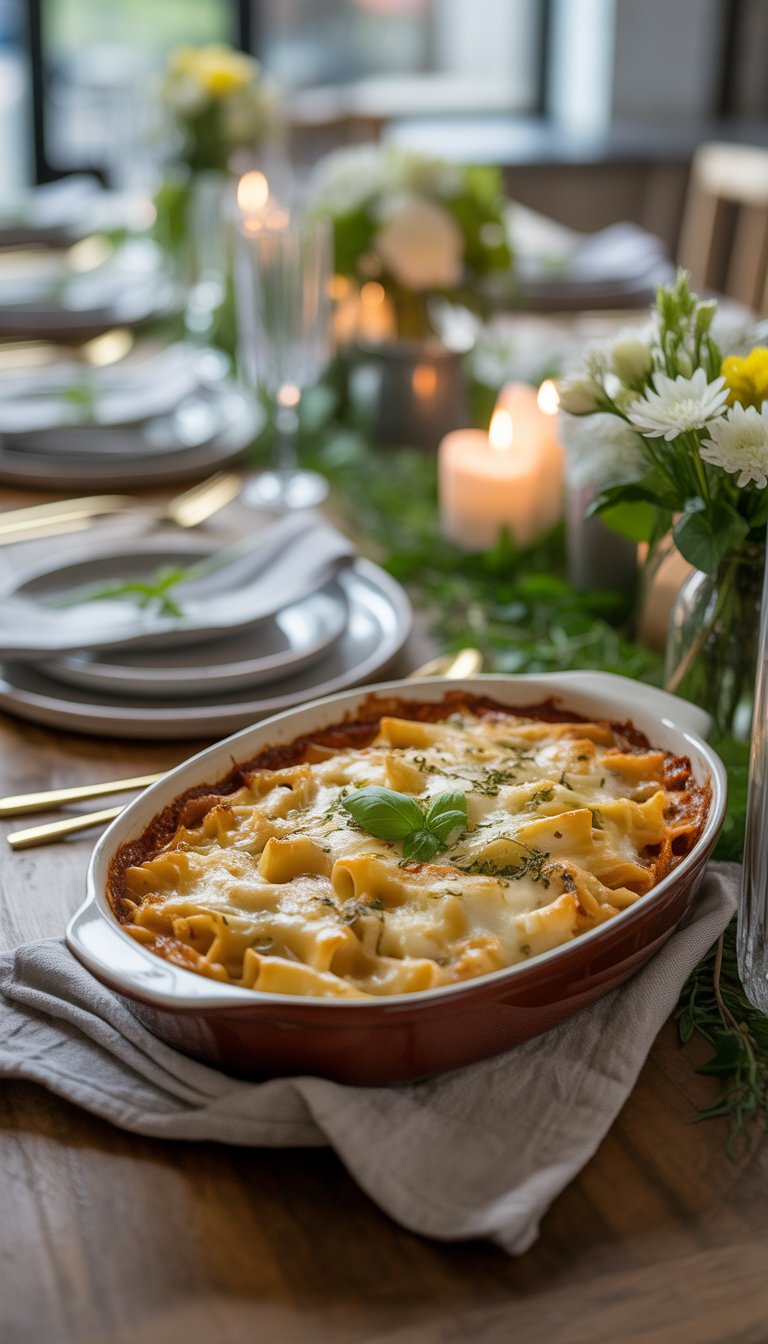A baked pasta dish in a rustic baking dish on a wooden table set with flowers, candles, and tableware for a memorial service.