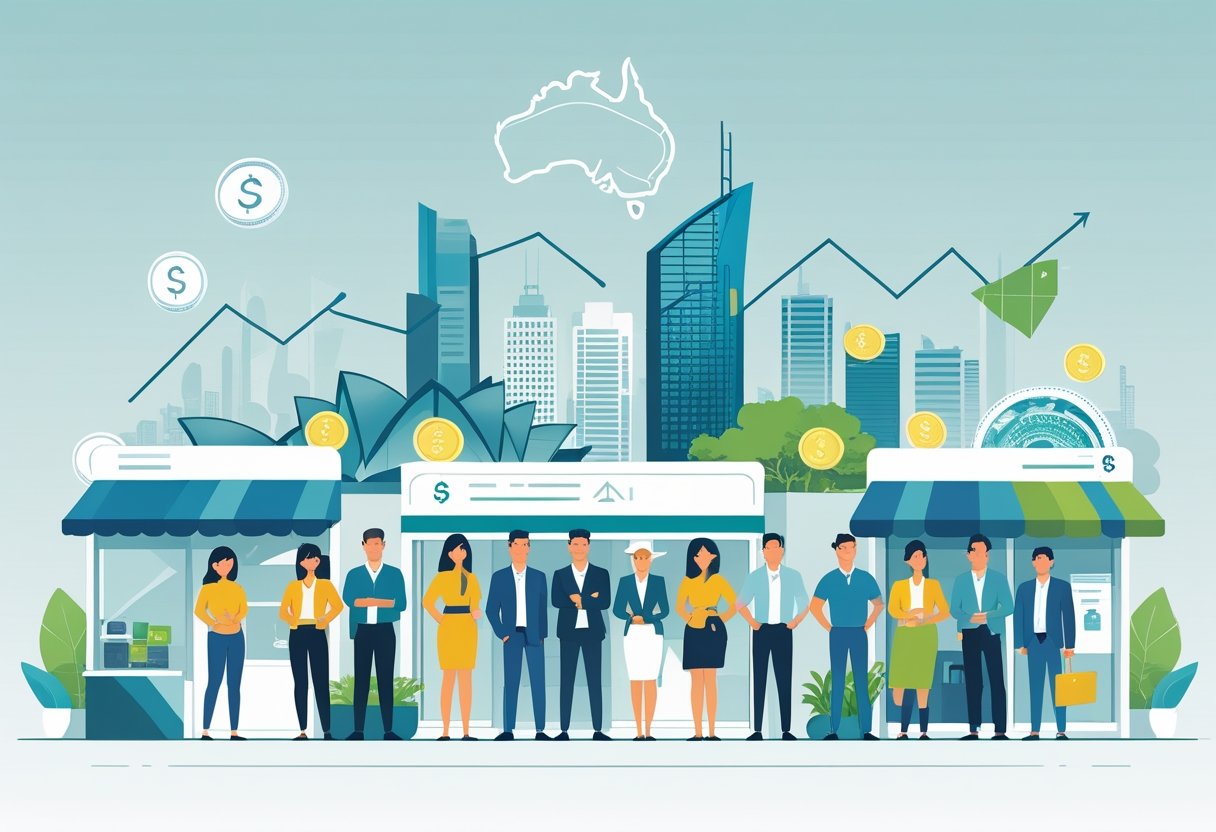 Small business owners standing confidently in front of their shops with an Australian cityscape and financial symbols representing loan options and economic growth.