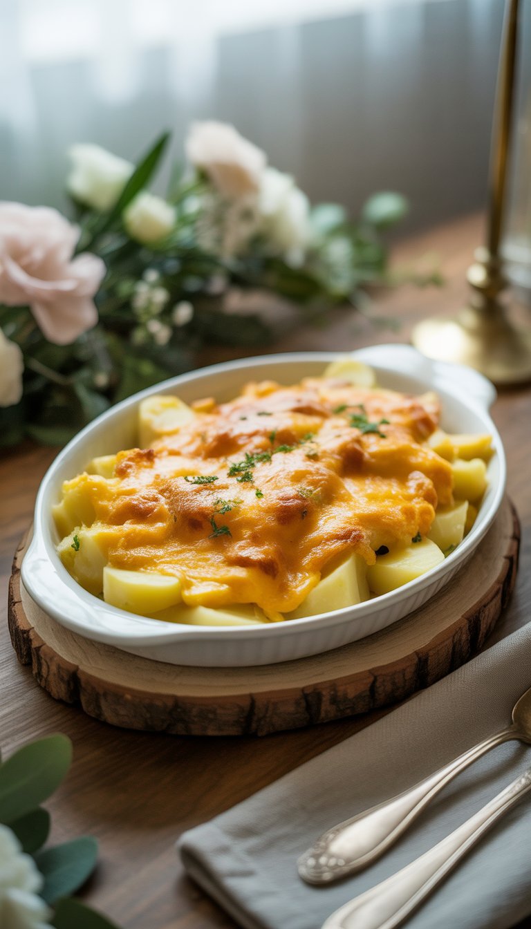 A dish of golden cheesy potatoes garnished with herbs on a wooden table, surrounded by flowers and elegant tableware.