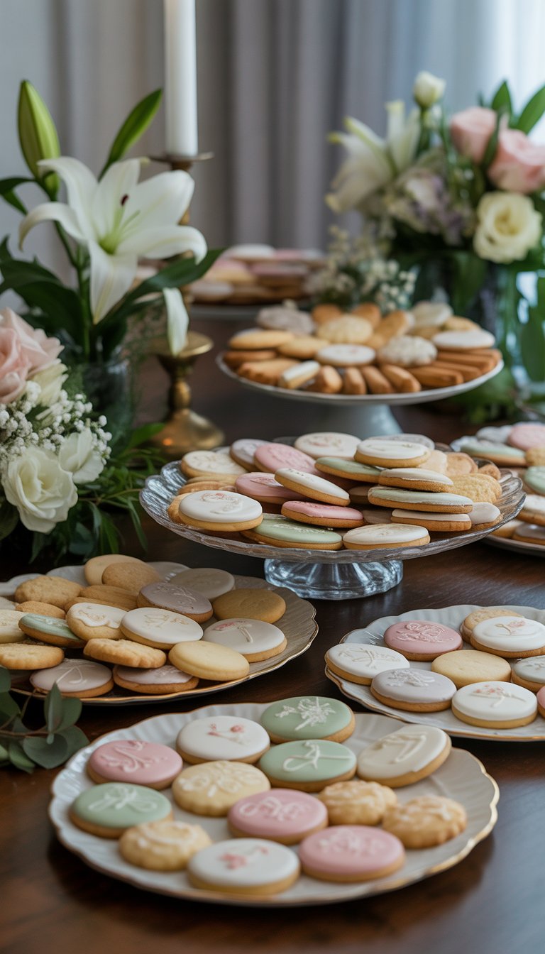 A table with assorted decorated cookies and floral arrangements set for a memorial service.
