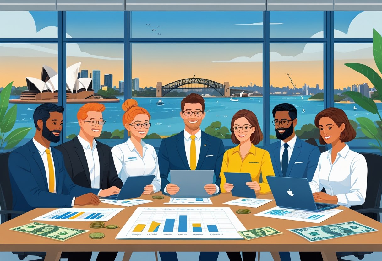 A group of small business owners in Australia meeting around a table with financial documents and digital devices, with a cityscape featuring the Sydney Opera House visible through large windows.
