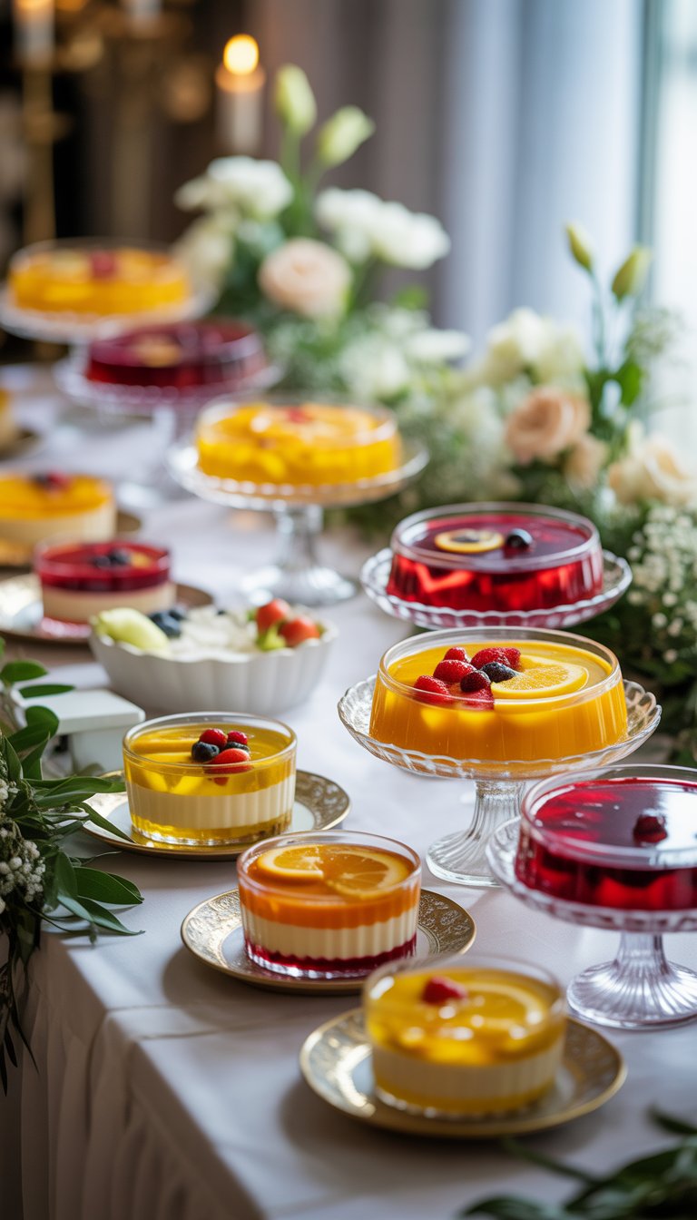 A table with colorful Jell-O desserts and floral decorations set up for a memorial service.