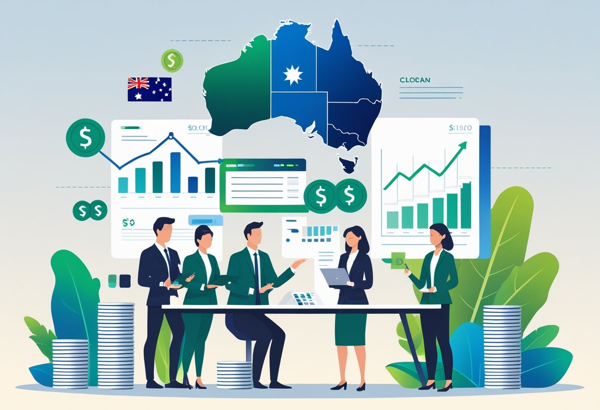 A small business owner and professionals reviewing financial documents with symbols of money and Australian landmarks in the background.