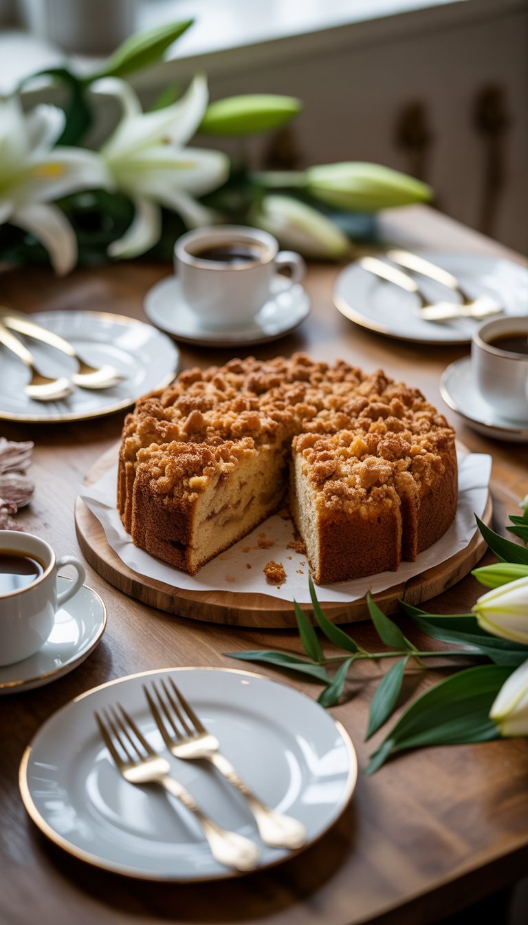 A coffee cake on a wooden table with plates, silverware, flowers, and cups of coffee arranged for a memorial service gathering.