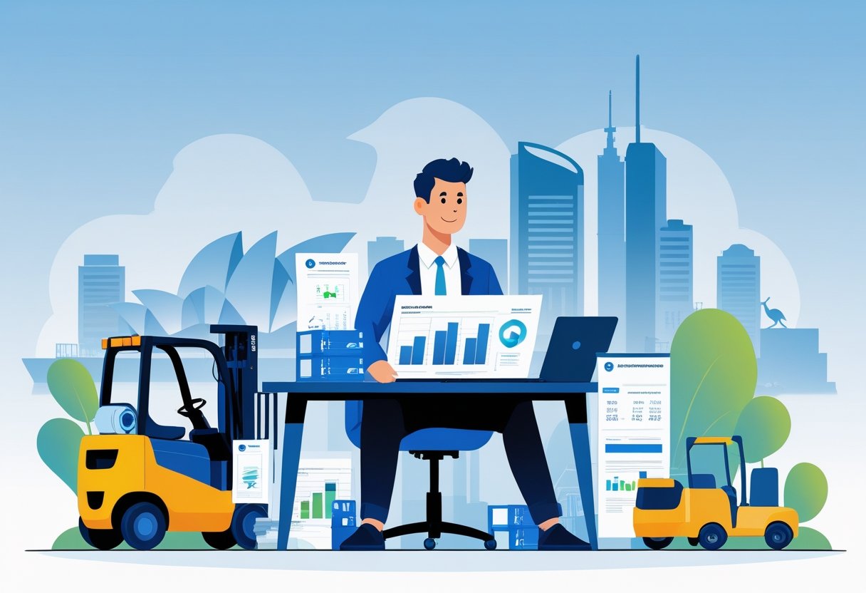 A small business owner in Australia reviewing financial documents at a desk surrounded by business equipment and a cityscape in the background.
